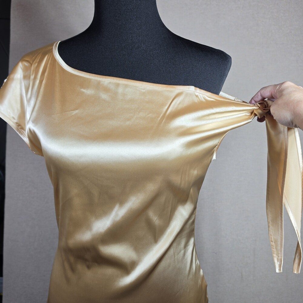 VIDUSSA Womens XS Gold Off The Shoulder Satin Silky Bow Blouse Top